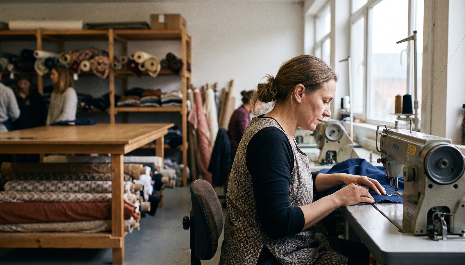 A garment maker at a cutting table in a small sewing workshop, smoothing a length of fabric beside a paper pattern