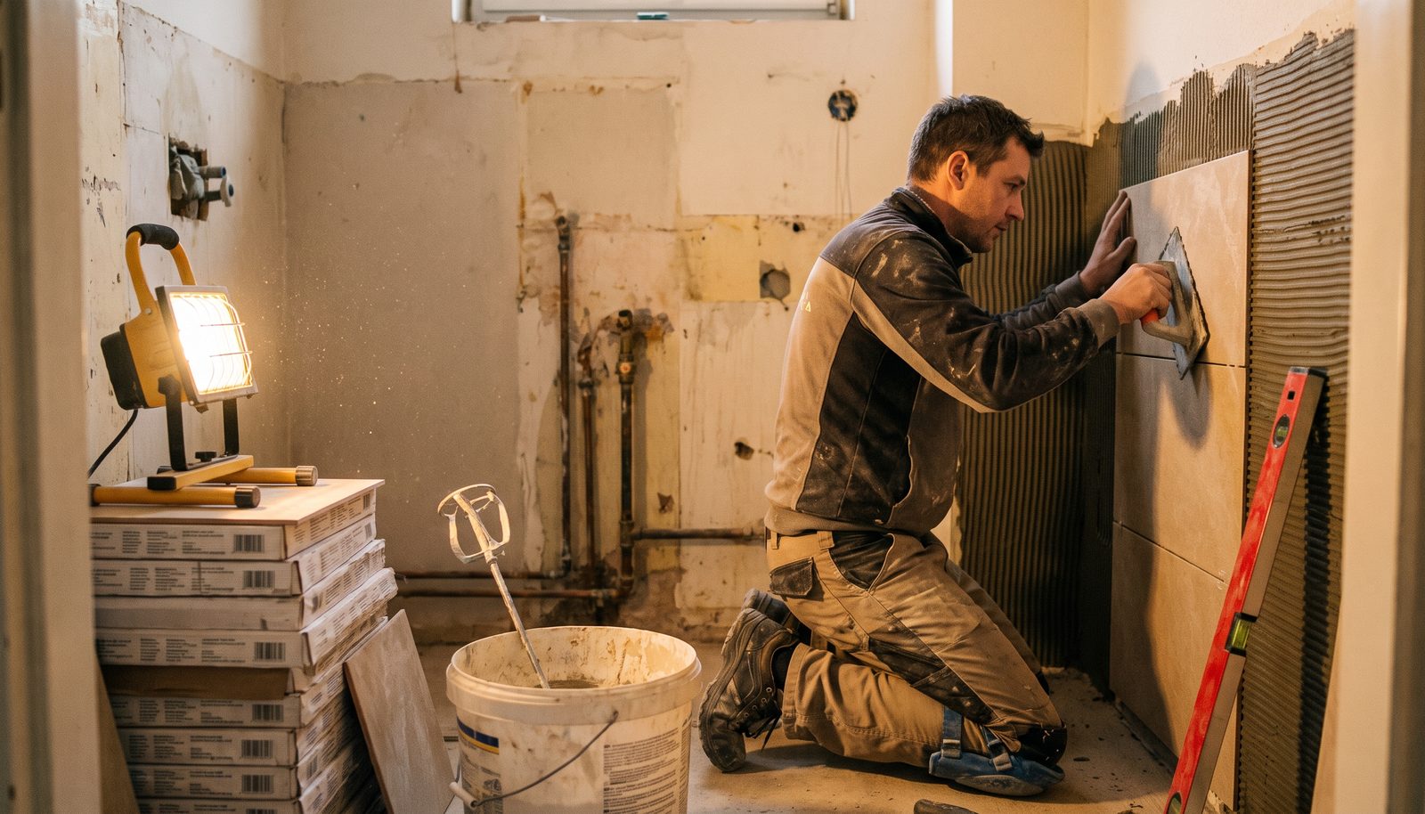 A tiler kneeling in a half-tiled bathroom, pressing a wall tile onto fresh adhesive with spacers in the joints