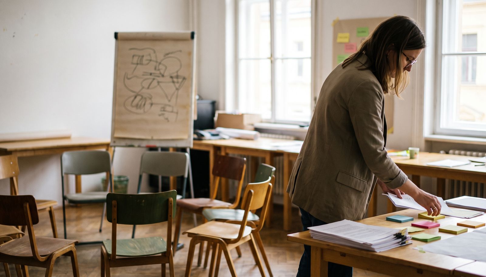 A corporate trainer arranging printed handouts and marker pens on tables in an empty workshop room before the group arrives