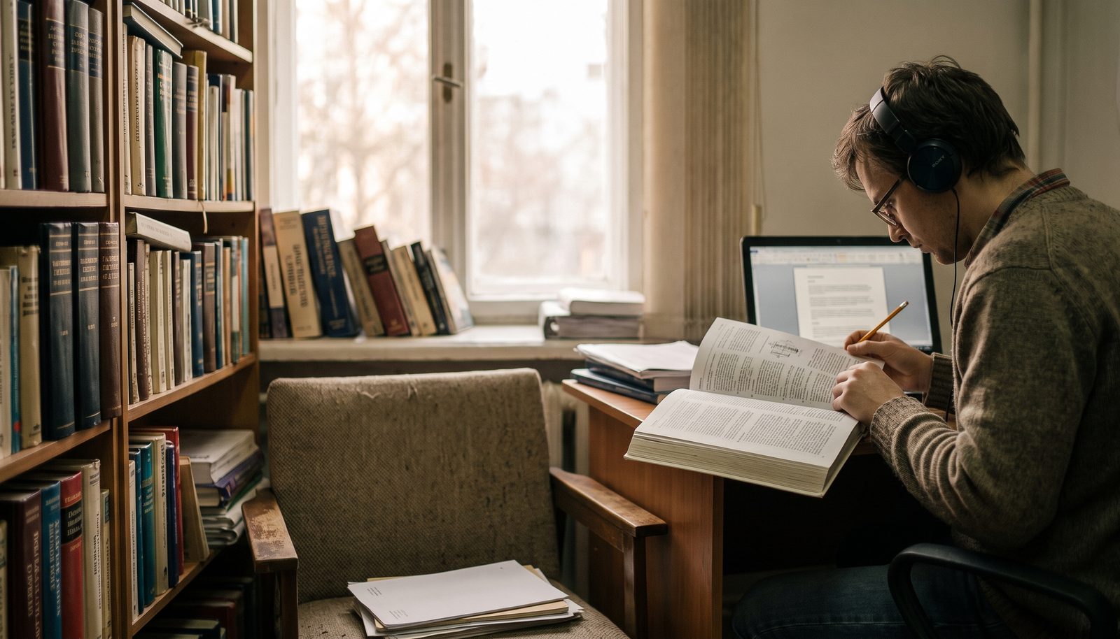 A translator at a desk with two monitors and a thick printed technical manual open beside the keyboard
