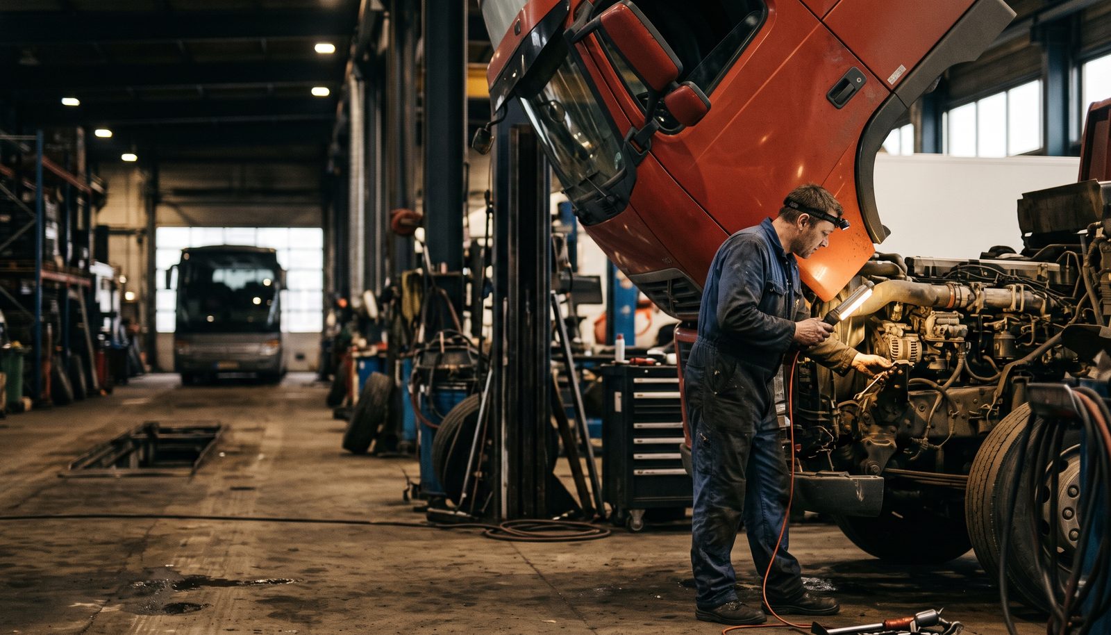 A mechanic in overalls working at the exposed front axle of a truck raised in a heavy-vehicle workshop bay