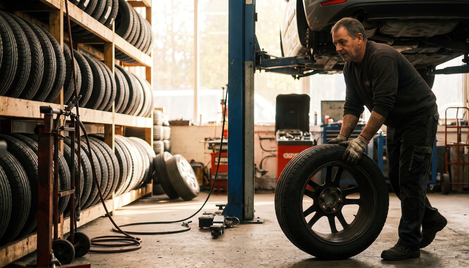 A tyre fitter in work gloves lifting a winter wheel onto a hub in a small workshop bay, racks of stored tyres behind
