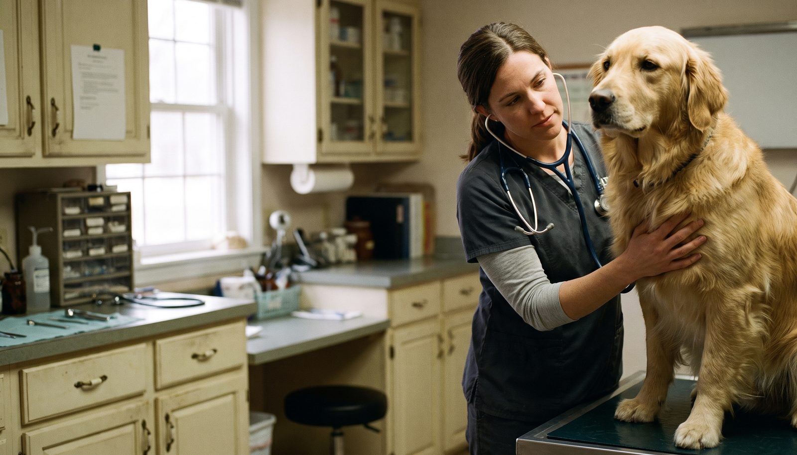 A veterinarian gently holding a small dog on an examination table in a bright small-animal clinic room