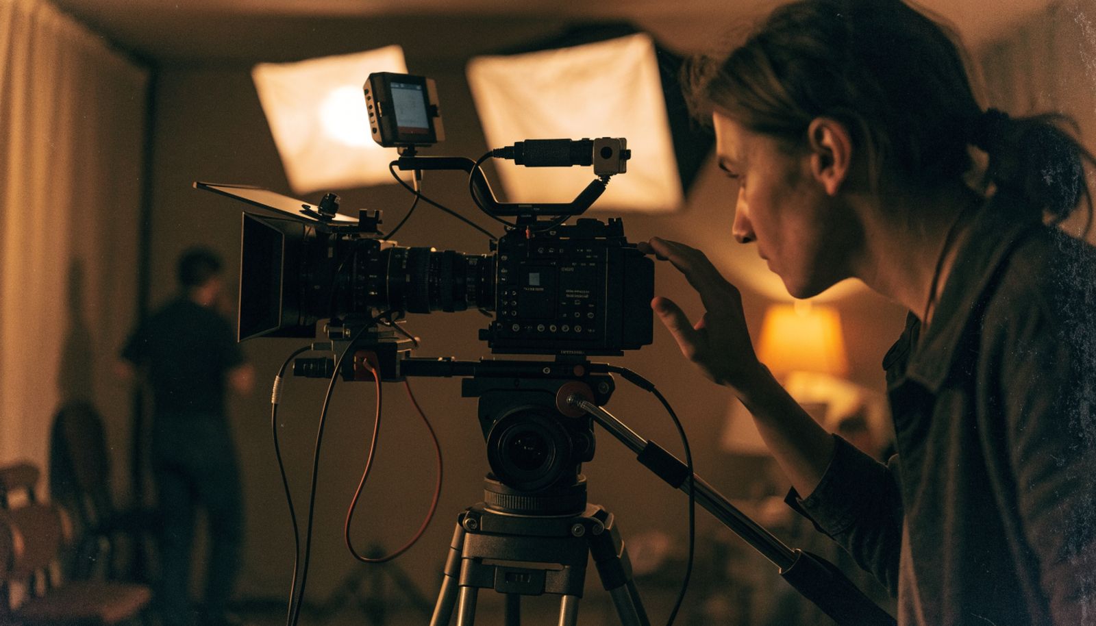 A camera operator checking a cinema camera on a small film set