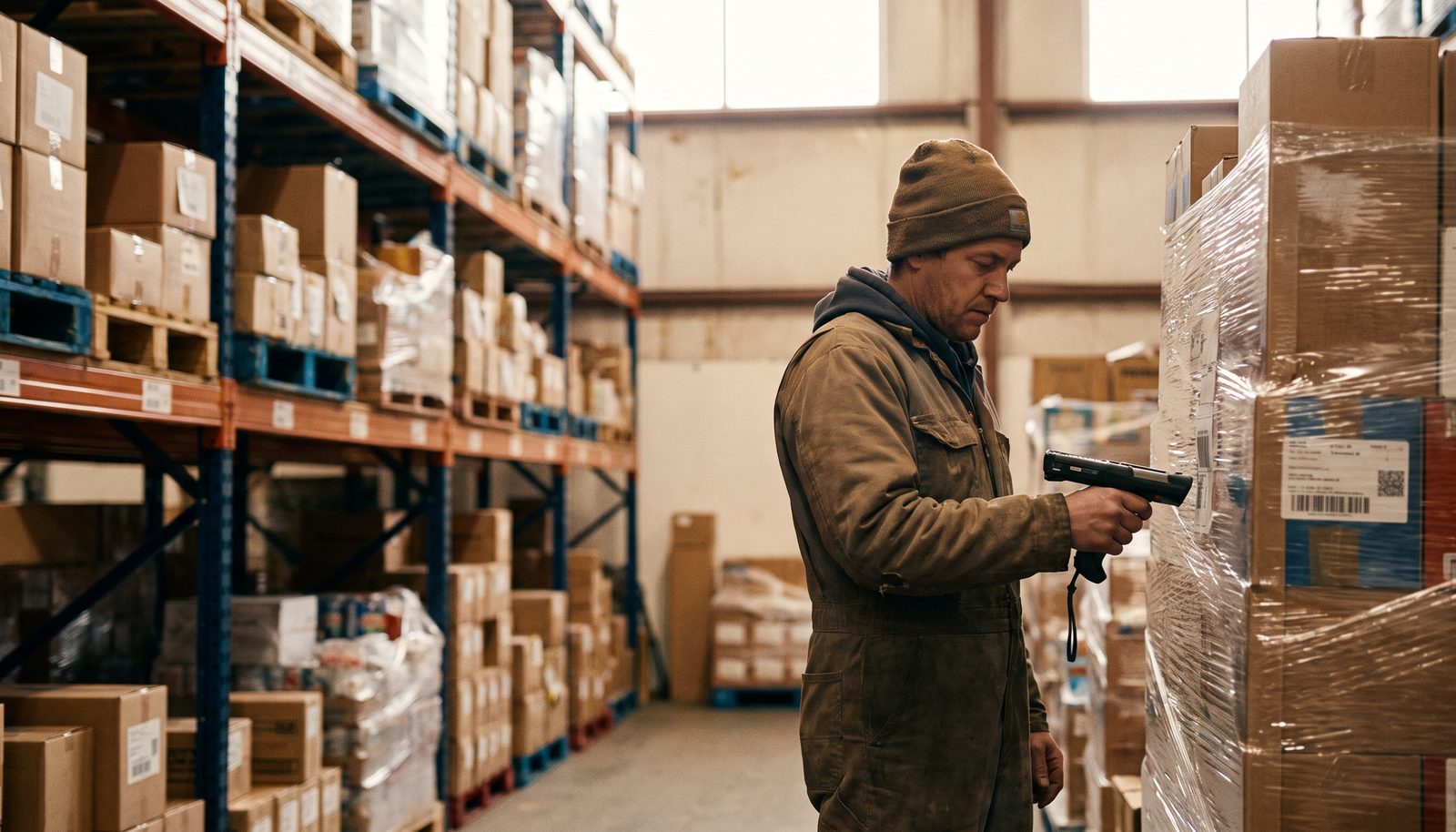 A warehouse operator with a hand scanner checking a shrink-wrapped pallet in a narrow aisle of racked pallets