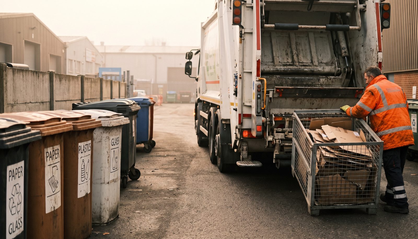 A driver in a high-vis jacket wheeling a commercial waste bin across a service yard towards a collection truck at first light