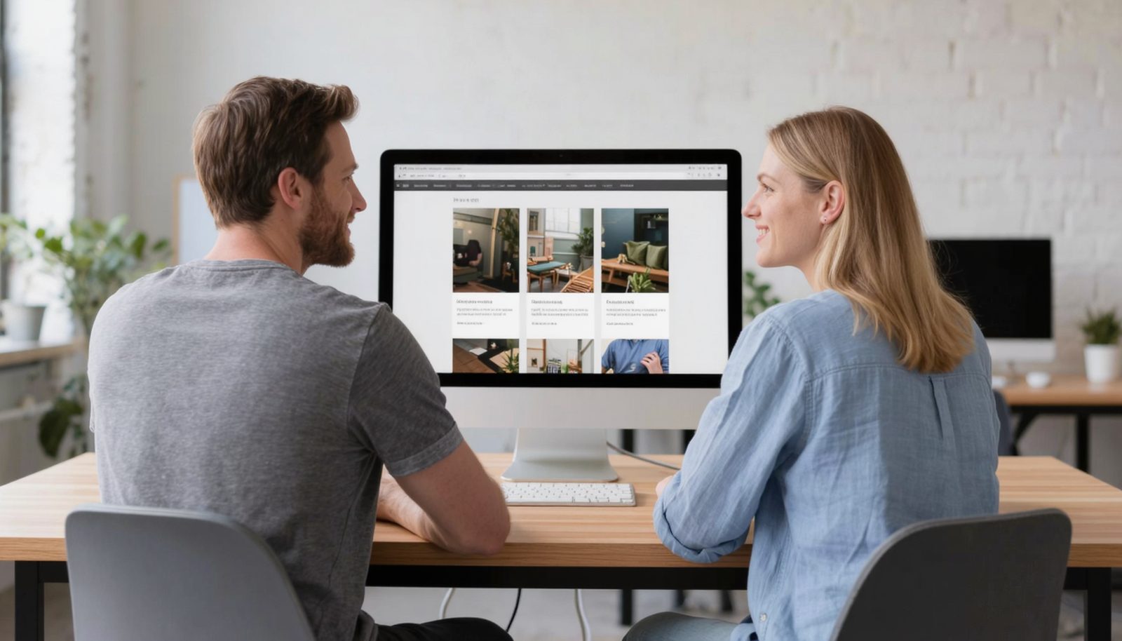 Two web agency colleagues side by side at a shared desk in a bright Scandinavian studio, reviewing a website layout on a large monitor