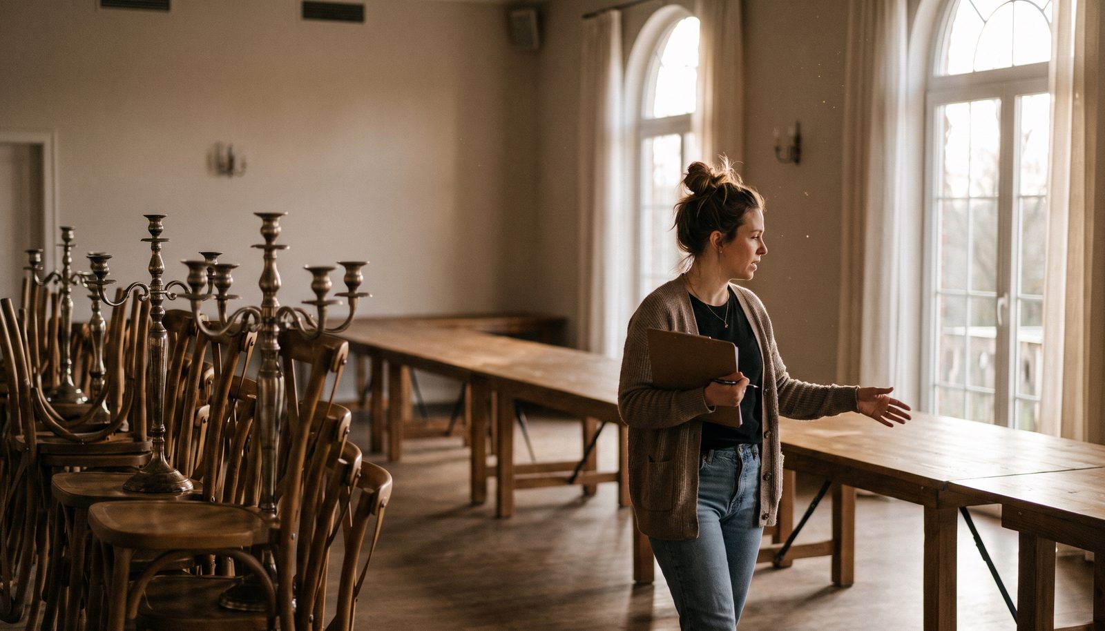 A wedding planner adjusting place settings at a long table in an empty barn venue, folders beside her