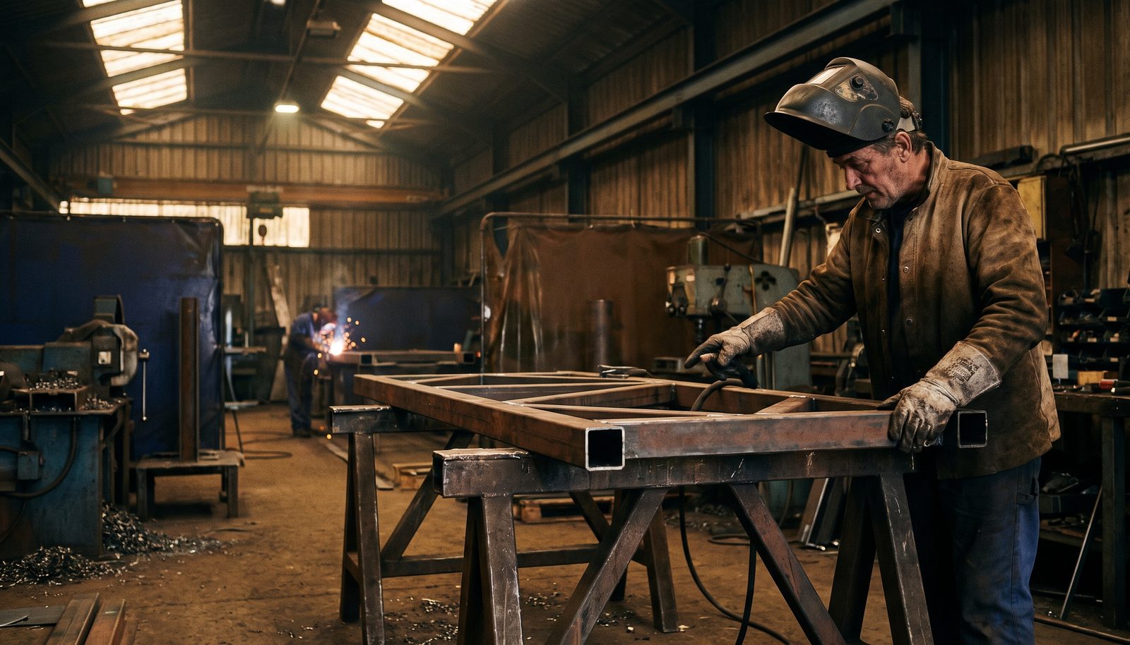 A welder in a leather apron with lifted visor inspecting a fresh weld seam on a steel frame clamped to a fabrication table