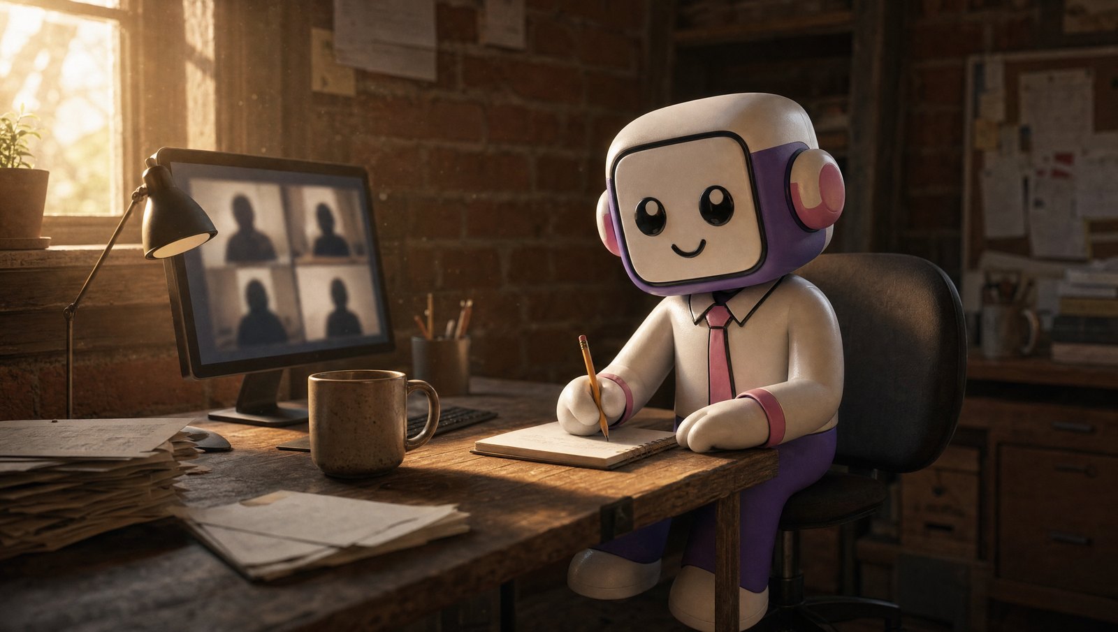 The Vorker mascot sits at a wooden desk writing notes on a pad while a video call with four participants plays on the monitor beside it.