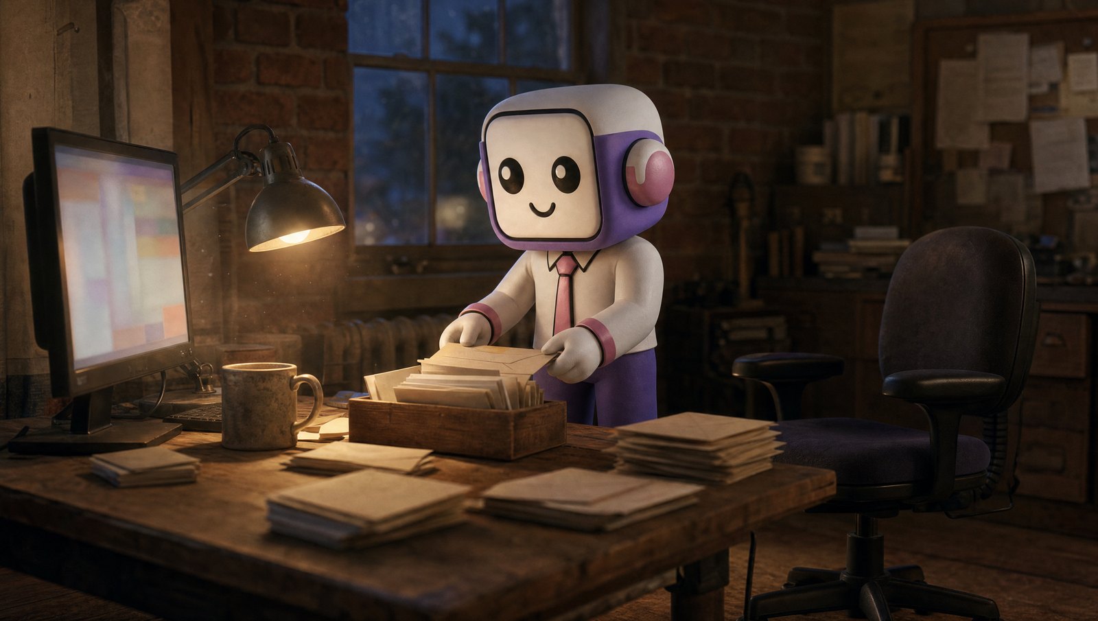 The Vorker mascot sorts a tray of letters alone at a lamplit desk in the evening, the human office chair beside it empty.