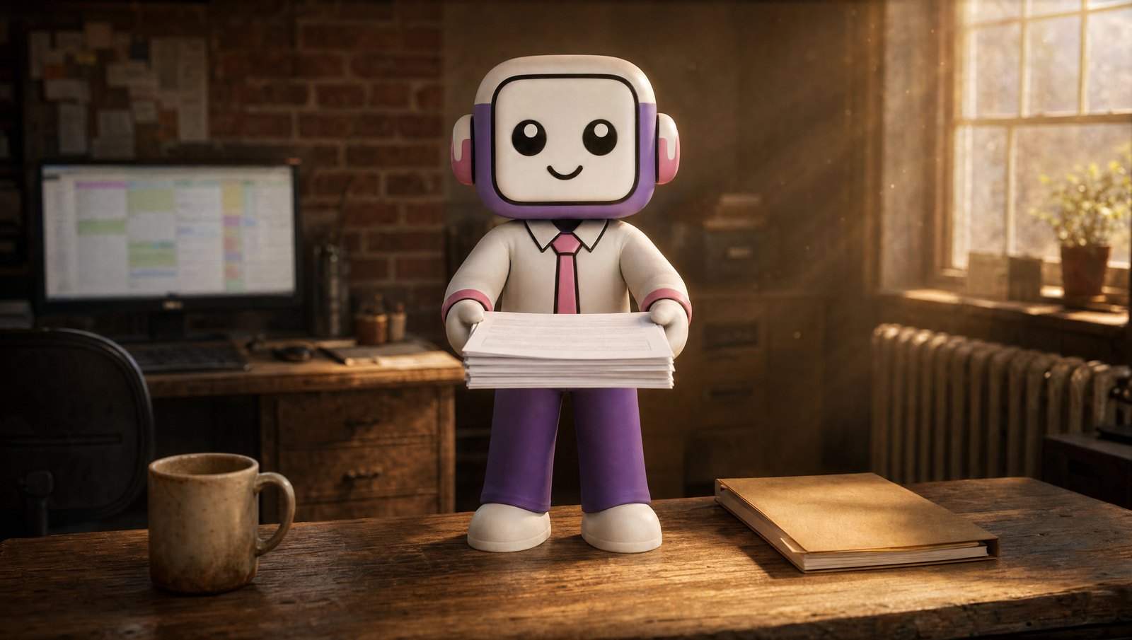 The Vorker mascot stands on a desk holding out a stack of freshly printed documents toward the viewer, with a spreadsheet glowing on the monitor behind it.