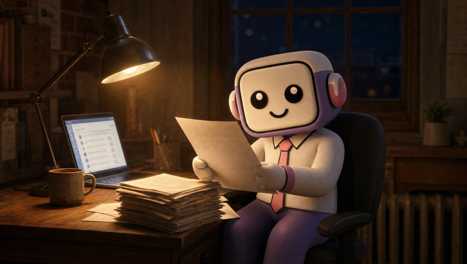 The Vorker mascot sits at a lamplit desk late at night, reading a sheet of paper from a tall stack of assignment briefs.