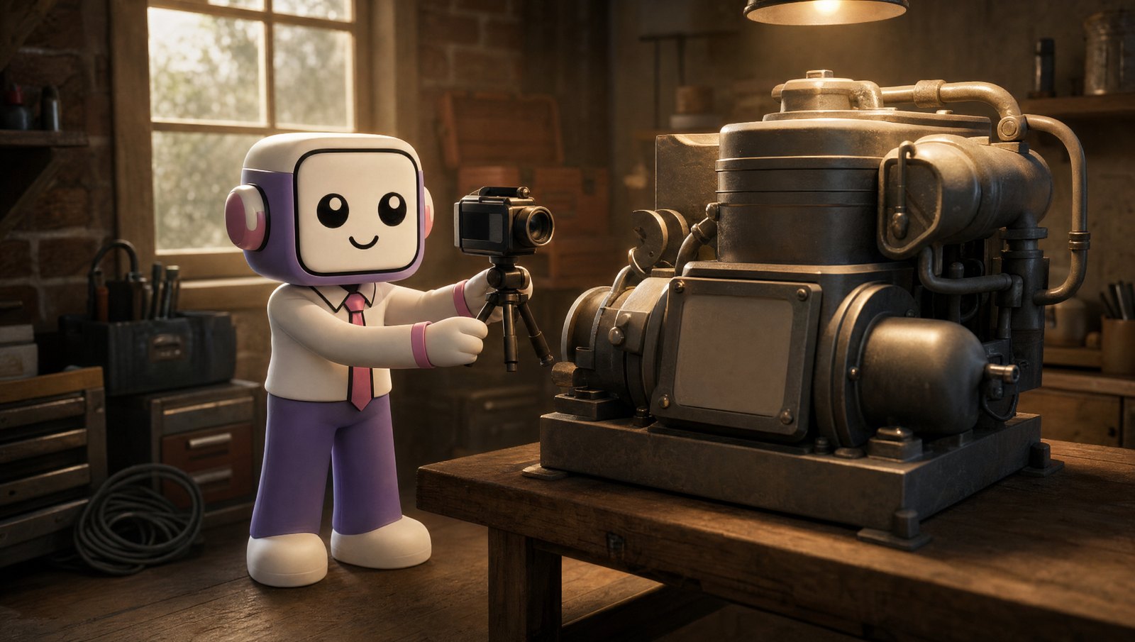 The Vorker mascot stands in a workshop filming a large industrial machine with a small camera on a tripod.
