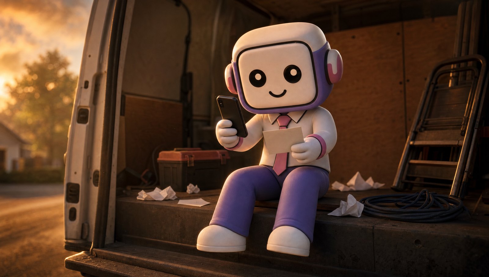 The Vorker mascot sits in the back of a work van at dusk, photographing a paper receipt with a phone amid scattered slips, a toolbox and coiled cable.